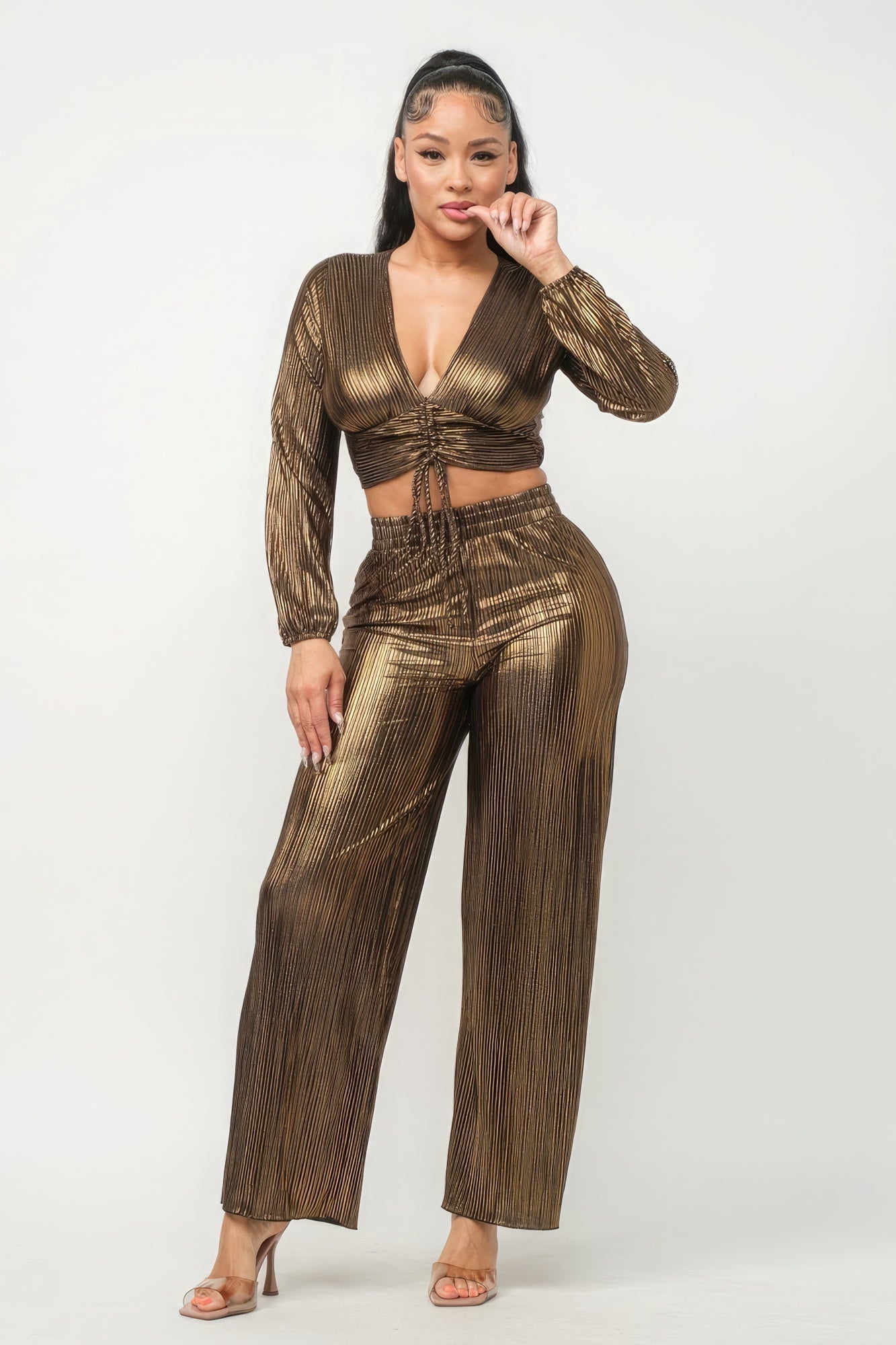 Foil Plisse Tunnel Shirring Top And Pants Set - Premium  from ZLA - Just $61.50! Shop now at ZLA
