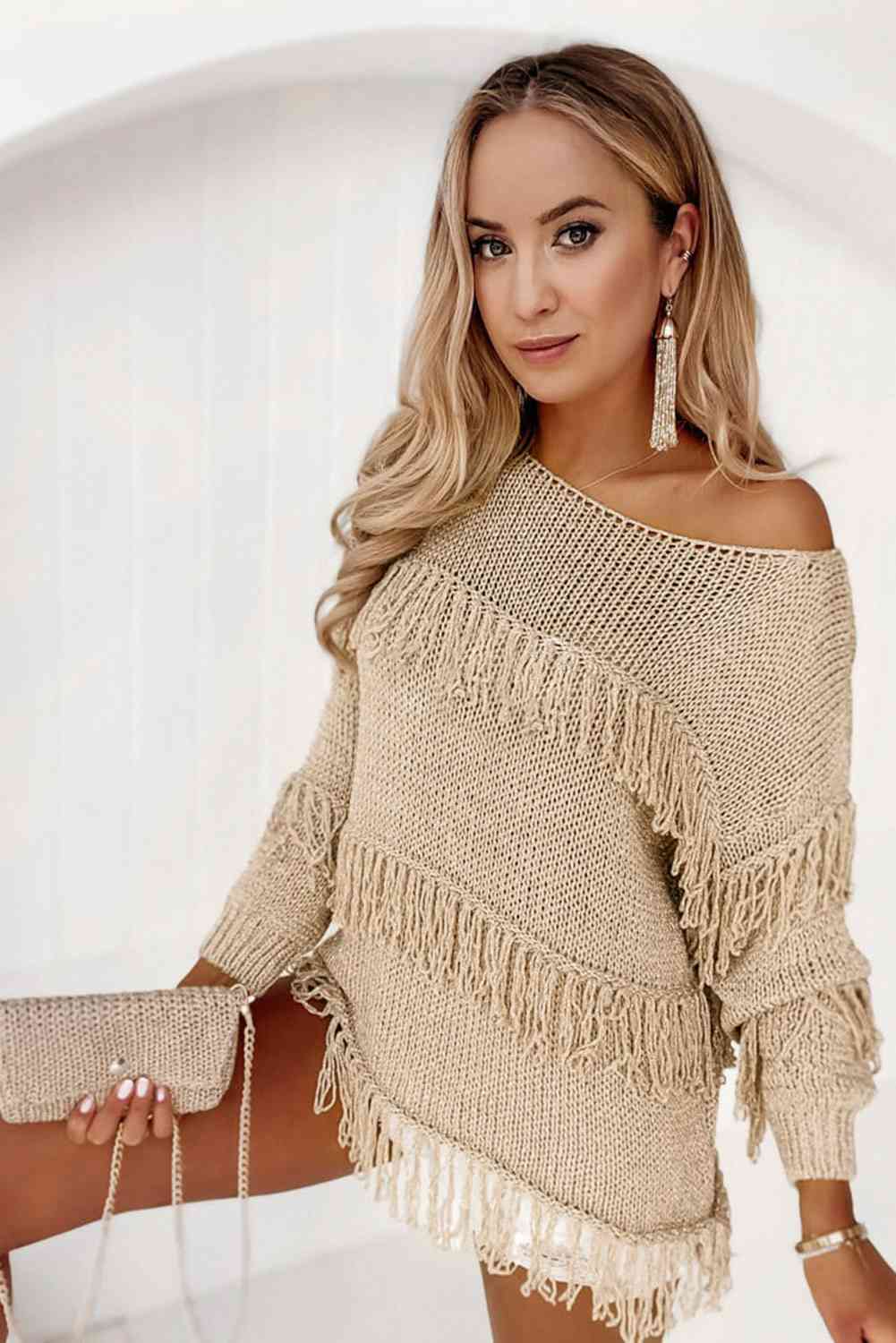 Fringe Detail Long Sleeve Sweater - Premium  from Trendsi - Just $42! Shop now at ZLA