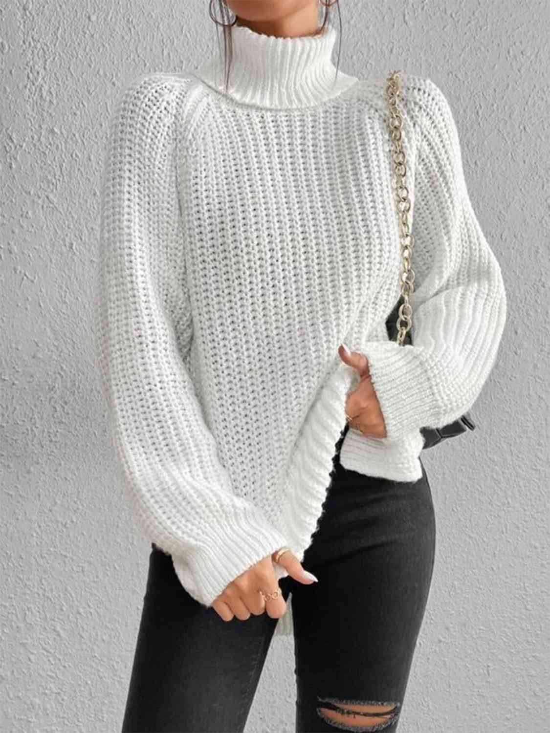Full Size Turtleneck Rib-Knit Slit Sweater - Premium  from Trendsi - Just $37! Shop now at ZLA