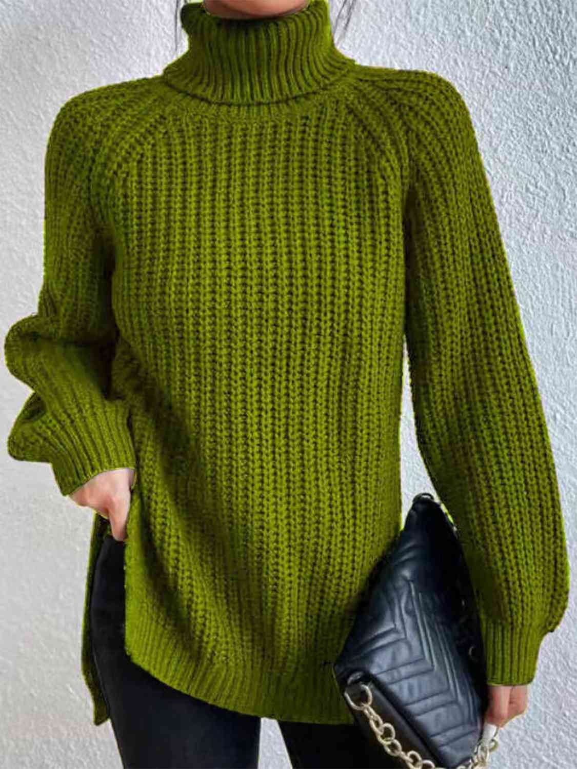 Full Size Turtleneck Rib-Knit Slit Sweater - Premium  from Trendsi - Just $37! Shop now at ZLA