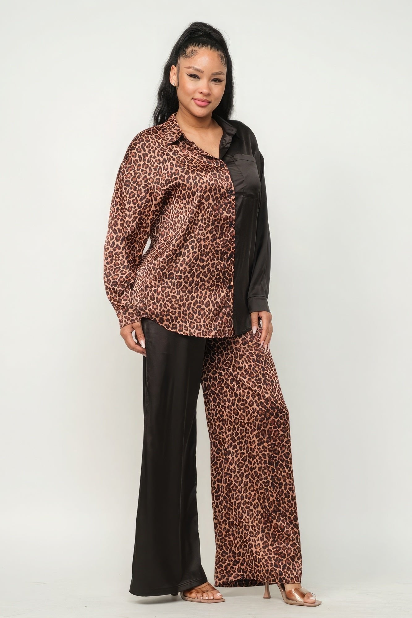 Half Animal Print And Half Solid Top And Pants Set - Premium  from ZLA - Just $64.50! Shop now at ZLA