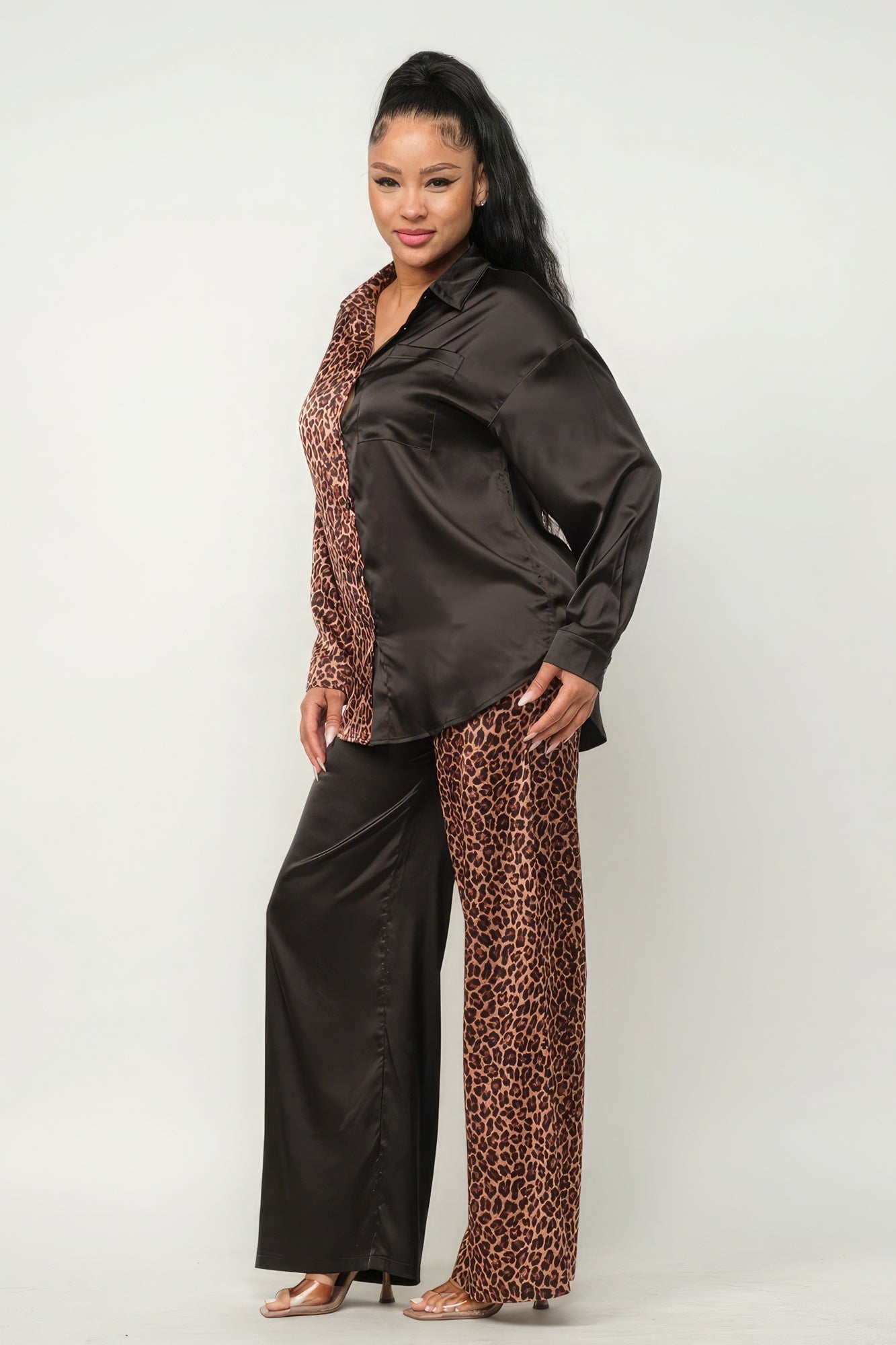 Half Animal Print And Half Solid Top And Pants Set - Premium  from ZLA - Just $64.50! Shop now at ZLA