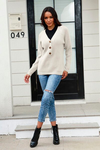 Half Button Up V-Neck Sweater - Premium  from Trendsi - Just $31! Shop now at ZLA