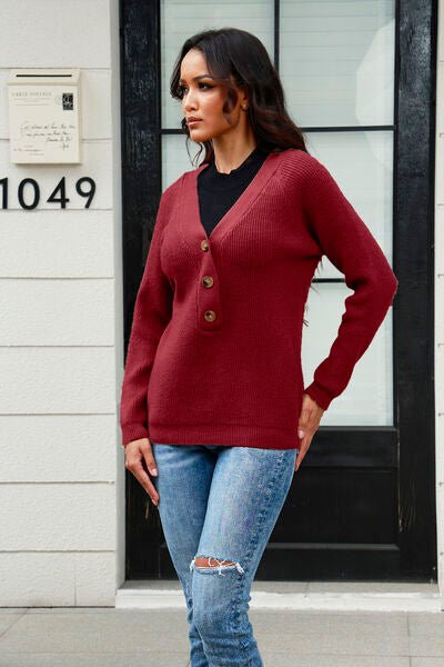 Half Button Up V-Neck Sweater - Premium  from Trendsi - Just $31! Shop now at ZLA