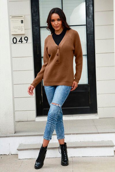 Half Button Up V-Neck Sweater - Premium  from Trendsi - Just $31! Shop now at ZLA