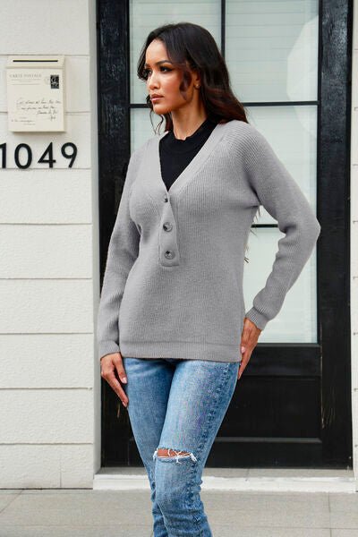 Half Button Up V-Neck Sweater - Premium  from Trendsi - Just $31! Shop now at ZLA