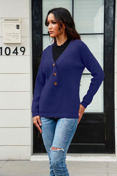 Half Button Up V-Neck Sweater - Premium  from Trendsi - Just $31! Shop now at ZLA