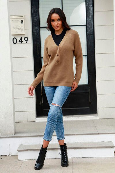 Half Button Up V-Neck Sweater - Premium  from Trendsi - Just $31! Shop now at ZLA