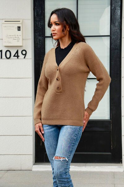 Half Button Up V-Neck Sweater - Premium  from Trendsi - Just $31! Shop now at ZLA