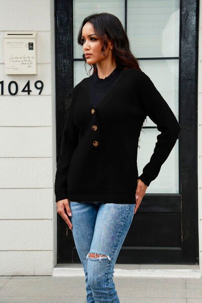 Half Button Up V-Neck Sweater - Premium  from Trendsi - Just $31! Shop now at ZLA