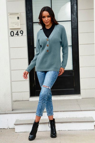 Half Button Up V-Neck Sweater - Premium  from Trendsi - Just $31! Shop now at ZLA