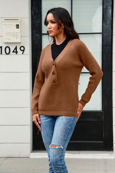 Half Button Up V-Neck Sweater - Premium  from Trendsi - Just $31! Shop now at ZLA