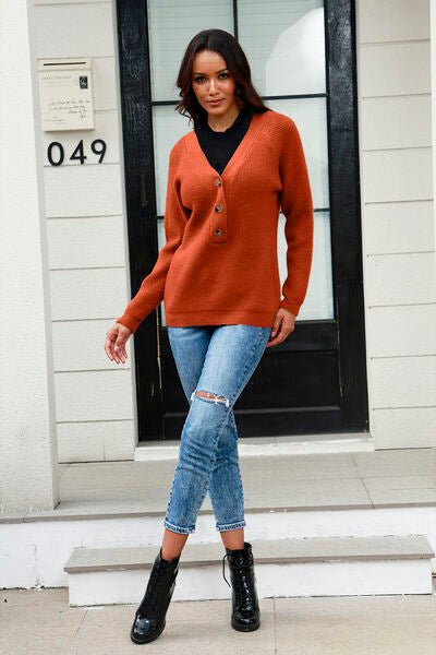 Half Button Up V-Neck Sweater - Premium  from Trendsi - Just $31! Shop now at ZLA