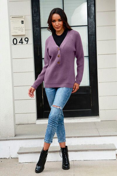 Half Button Up V-Neck Sweater - Premium  from Trendsi - Just $31! Shop now at ZLA