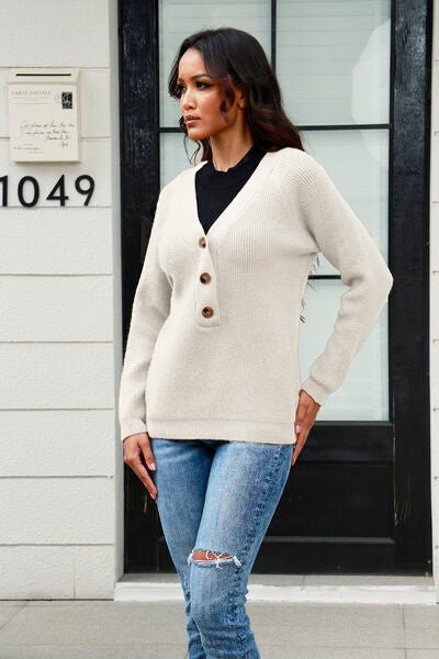 Half Button Up V-Neck Sweater - Premium  from Trendsi - Just $31! Shop now at ZLA