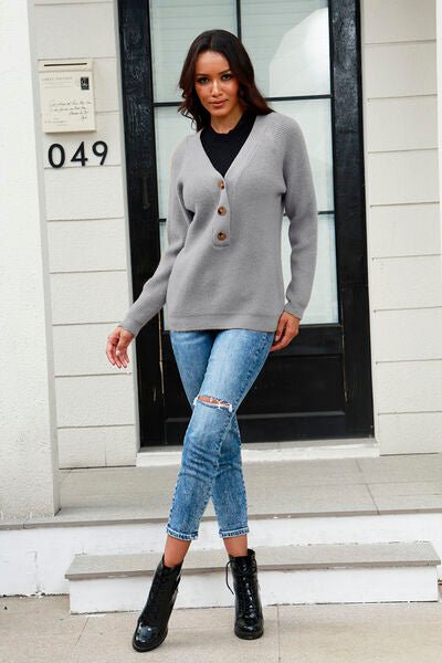 Half Button Up V-Neck Sweater - Premium  from Trendsi - Just $31! Shop now at ZLA