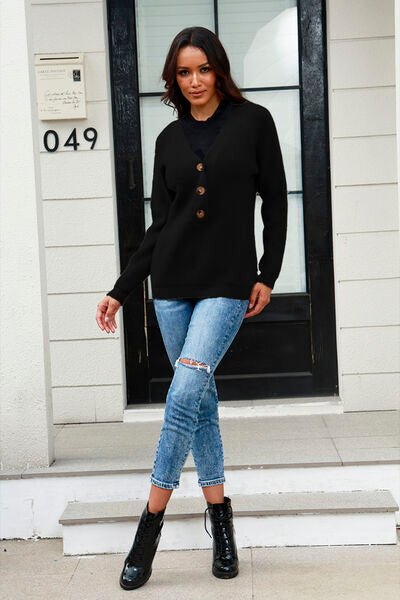 Half Button Up V-Neck Sweater - Premium  from Trendsi - Just $31! Shop now at ZLA