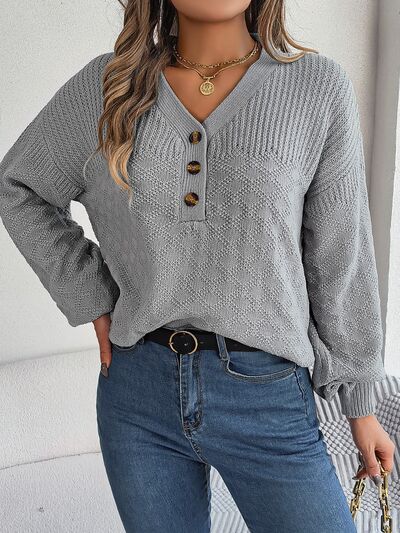 Half Button V-Neck Long Sleeve Sweater - Premium  from Trendsi - Just $29! Shop now at ZLA