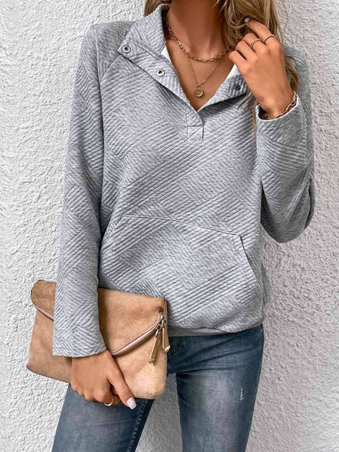 Half Buttoned Collared Neck Sweatshirt with Pocket - Premium  from Trendsi - Just $29! Shop now at ZLA