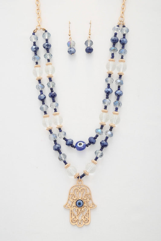 Hamsa hand pendant beaded layered necklace - ZLA