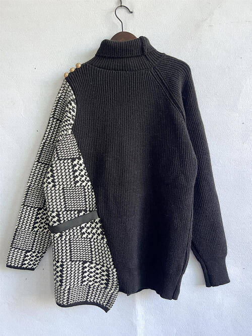 Houndstooth Turtleneck Long Sleeve Slit Sweater - Premium  from Trendsi - Just $51! Shop now at ZLA