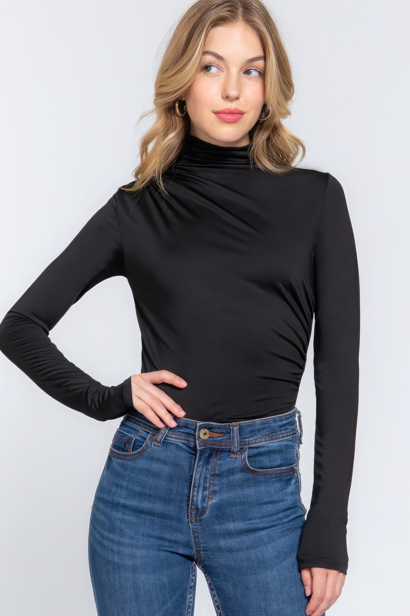 Long Sleeve High Neck Shirring Detail Ity Knit Bodysuit - Premium  from ZLA - Just $12! Shop now at ZLA