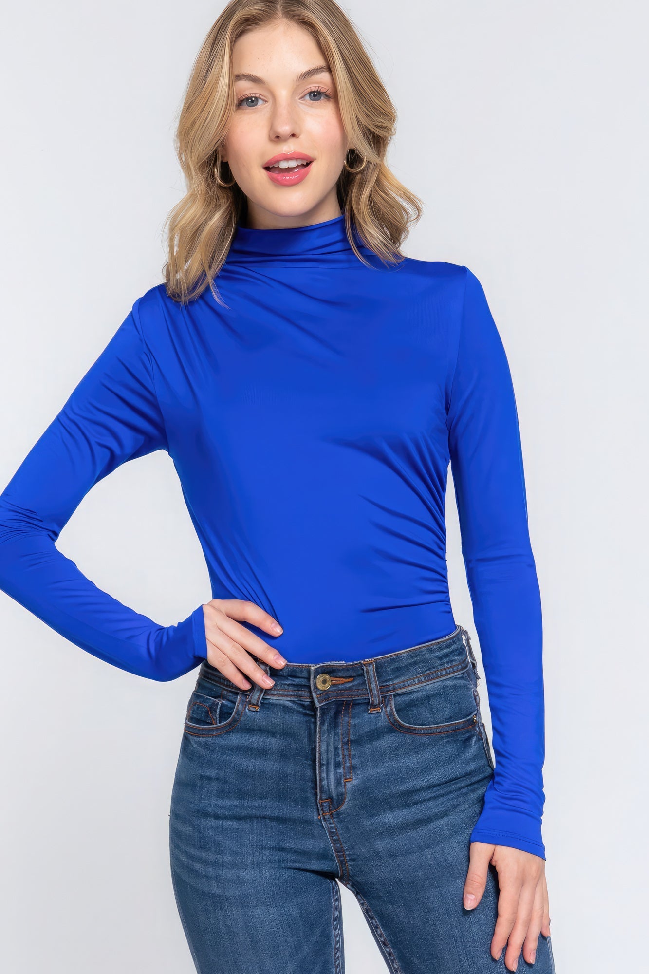 Long Sleeve High Neck Shirring Detail Ity Knit Bodysuit - Premium  from ZLA - Just $12! Shop now at ZLA