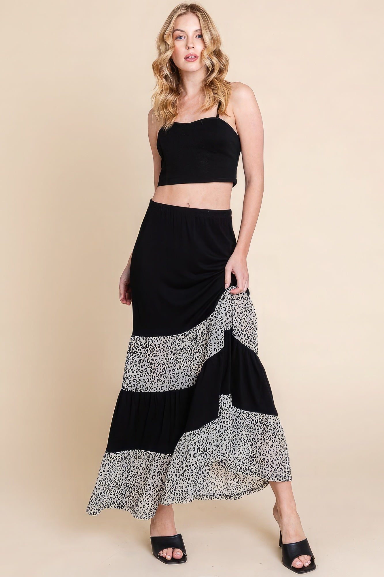 Long Tiered Contrast Fashion Skirt With Velvet Animal Print Mesh - Premium  from ZLA - Just $33! Shop now at ZLA