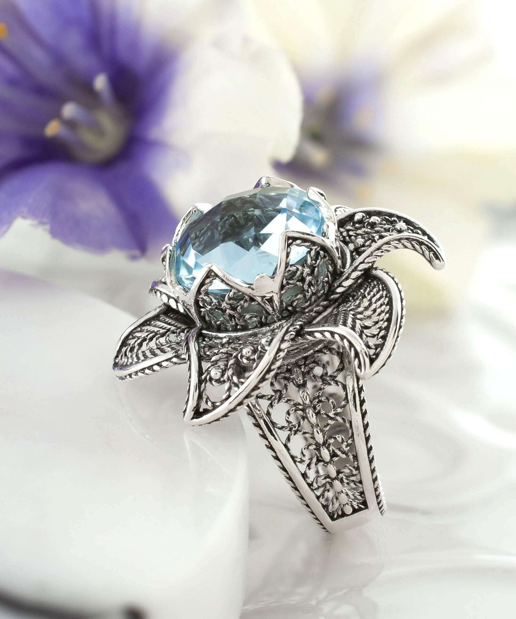 Lotus Flower Blue Topaz Gemstone Women Silver Statement Ring - Premium Jewelry & Watches from Scarlet Corydalis - Just $41.77! Shop now at ZLA