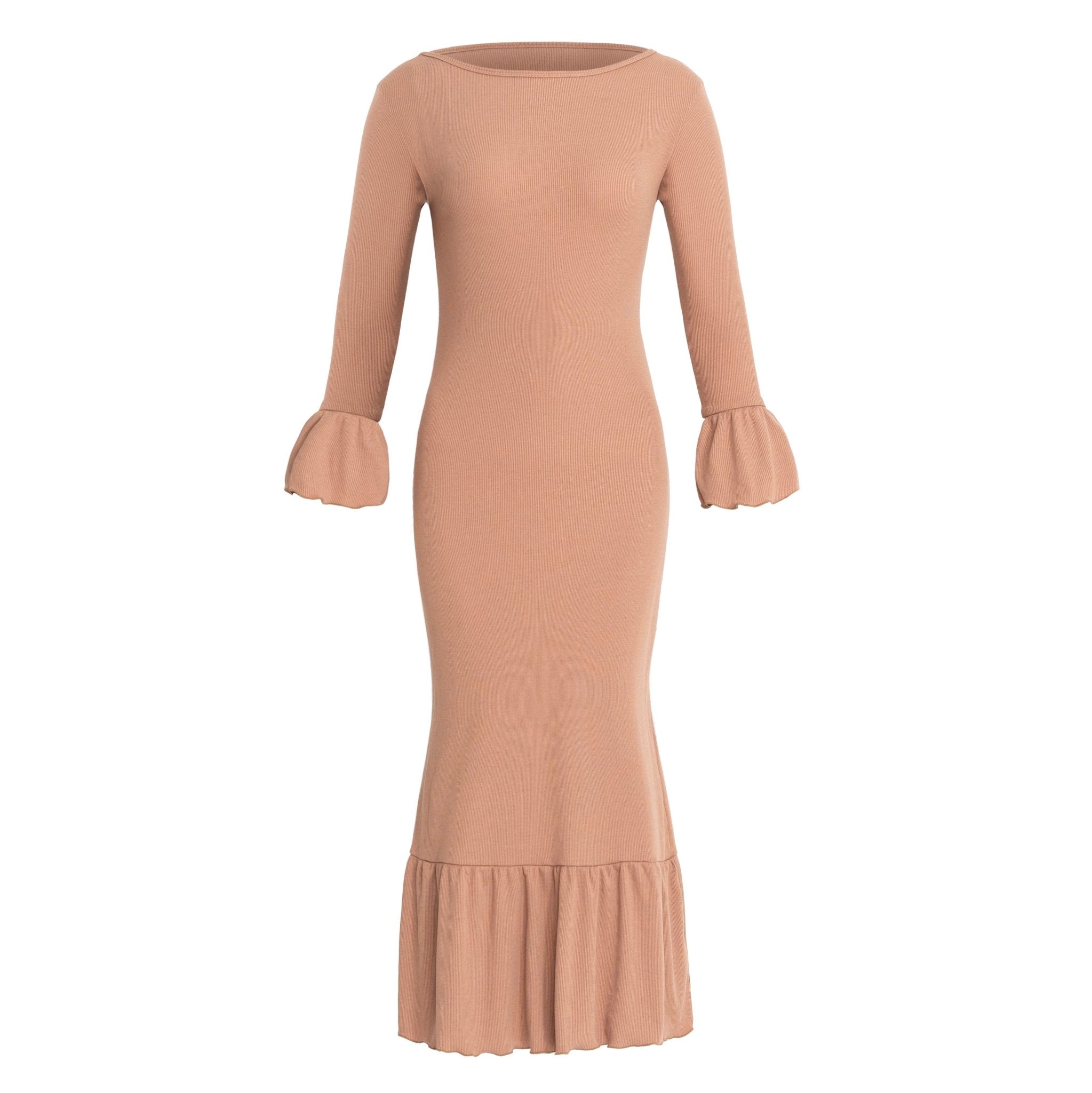 MARJORIE Ruffle Rib Dress, in Camel Brown - Premium  from BrunnaCo - Just $127.50! Shop now at ZLA