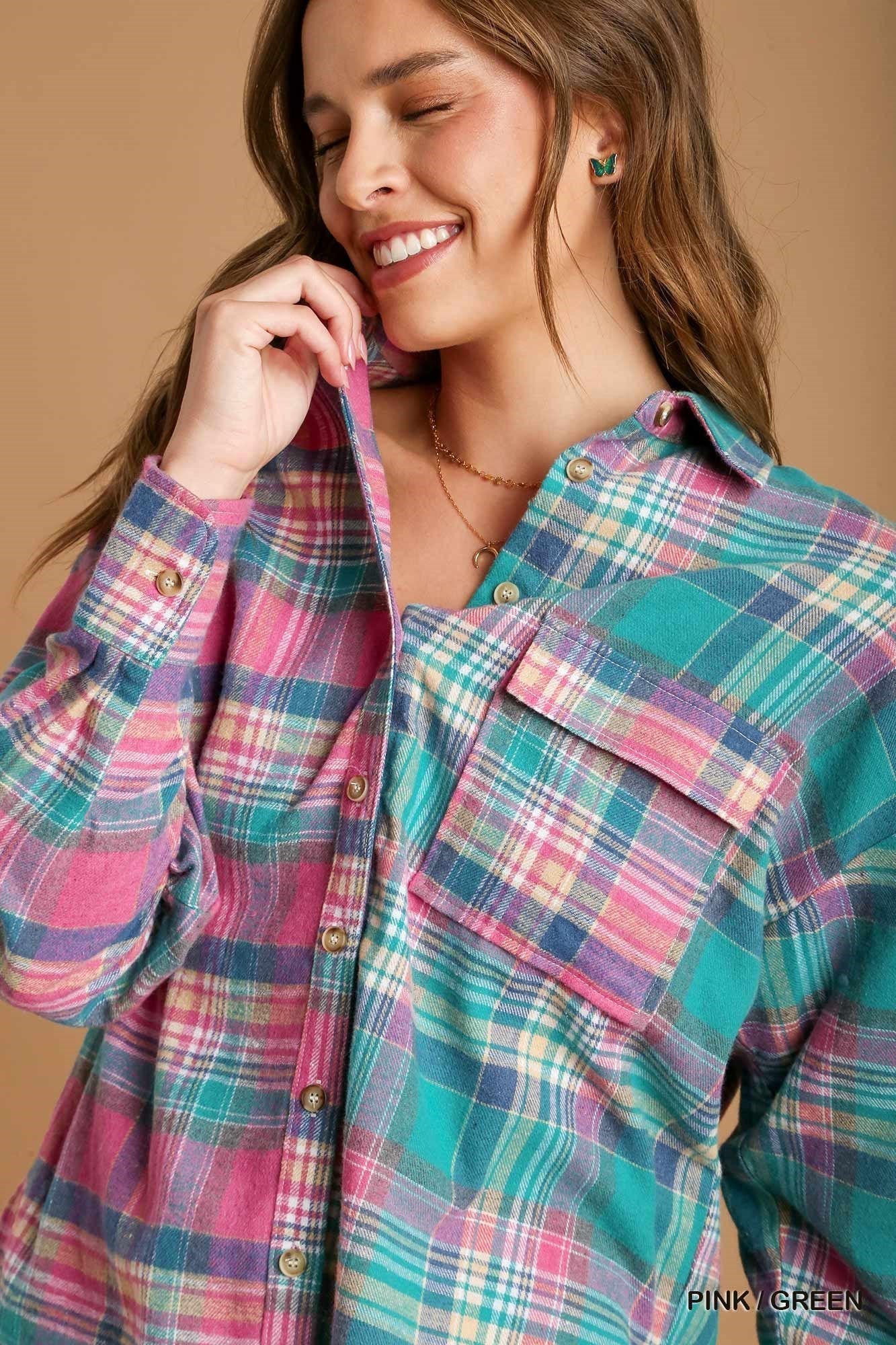 Mixed Plaid Boxy Cut Button Down Flannel With Front Pocket - Premium  from ZLA - Just $44! Shop now at ZLA