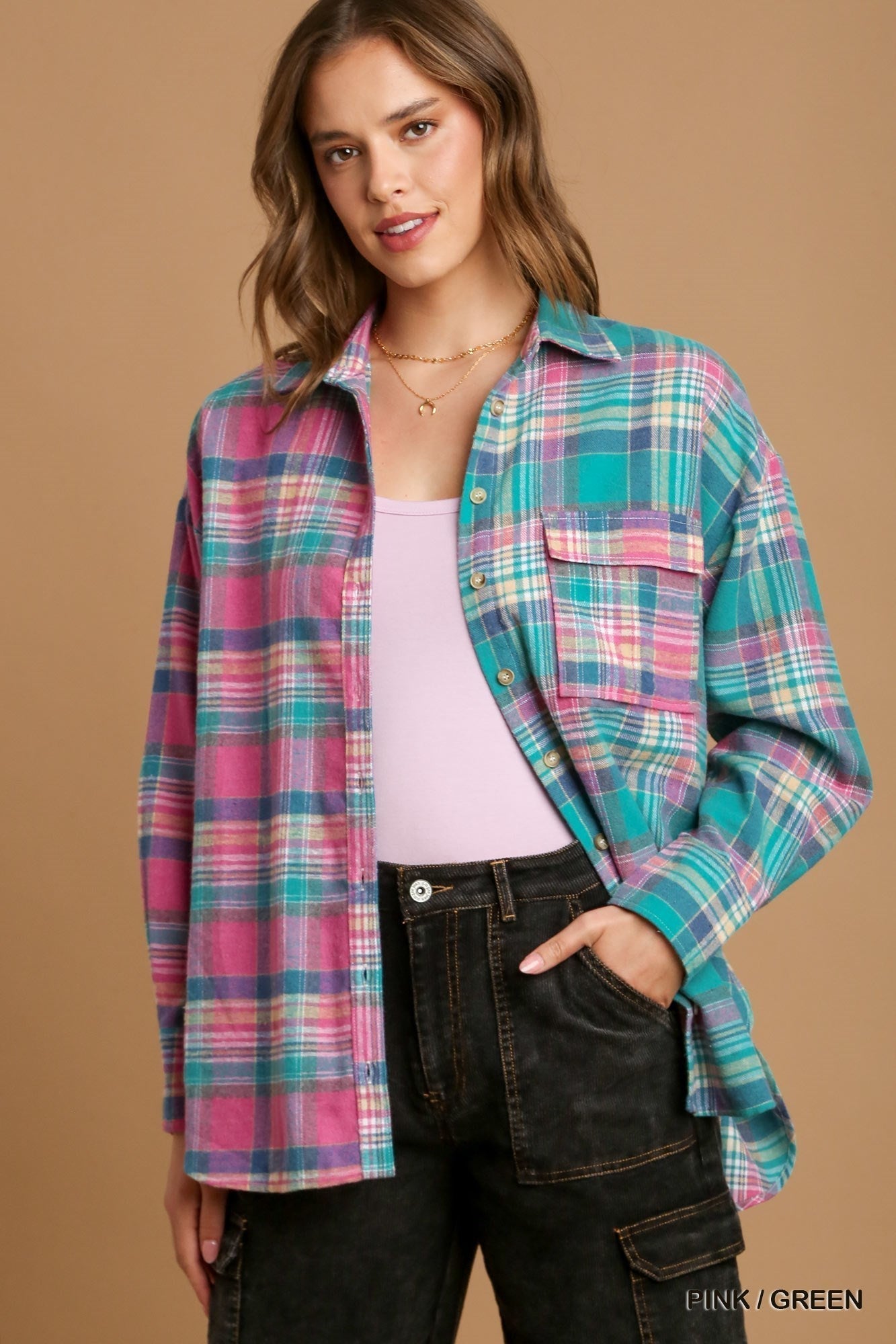 Mixed Plaid Boxy Cut Button Down Flannel With Front Pocket - Premium  from ZLA - Just $44! Shop now at ZLA