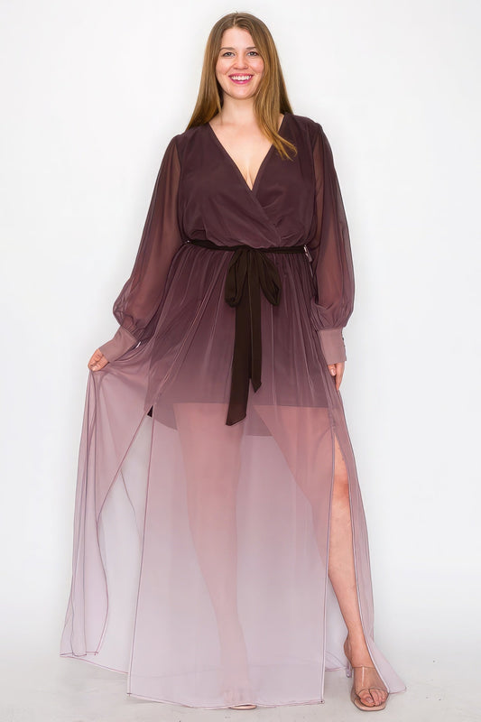 Ombre Chiffon Wrap Front Long Sleeve Tie Waist Slit Front Maxi Dress - Premium  from ZLA - Just $77! Shop now at ZLA