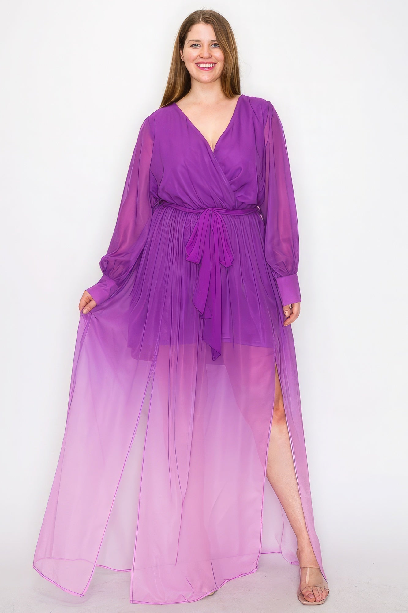 Ombre Chiffon Wrap Front Long Sleeve Tie Waist Slit Front Maxi Dress - Premium  from ZLA - Just $77! Shop now at ZLA
