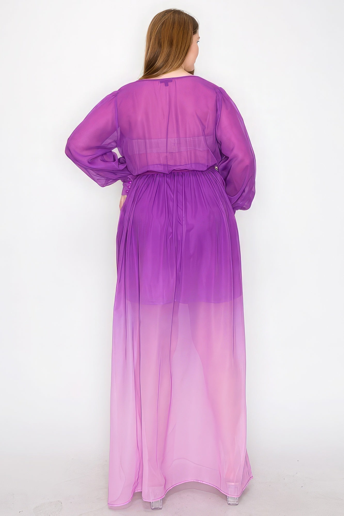 Ombre Chiffon Wrap Front Long Sleeve Tie Waist Slit Front Maxi Dress - Premium  from ZLA - Just $77! Shop now at ZLA