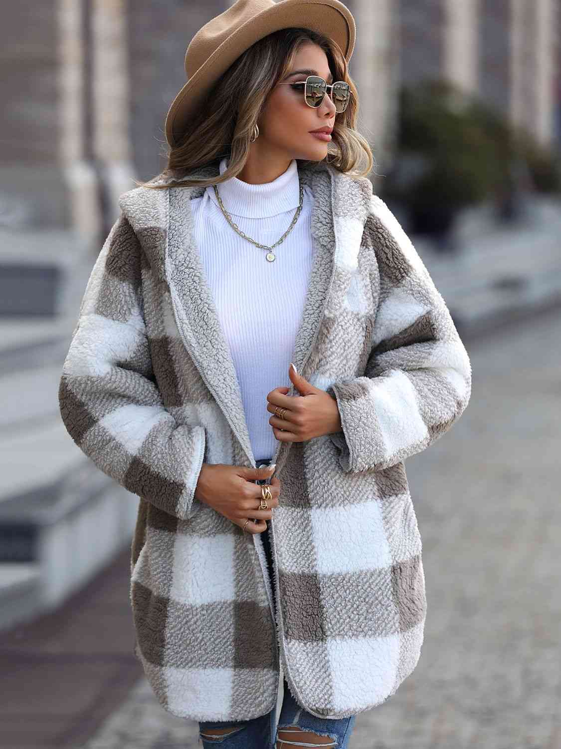 Plaid Open Front Hooded Coat - Premium  from Trendsi - Just $38! Shop now at ZLA