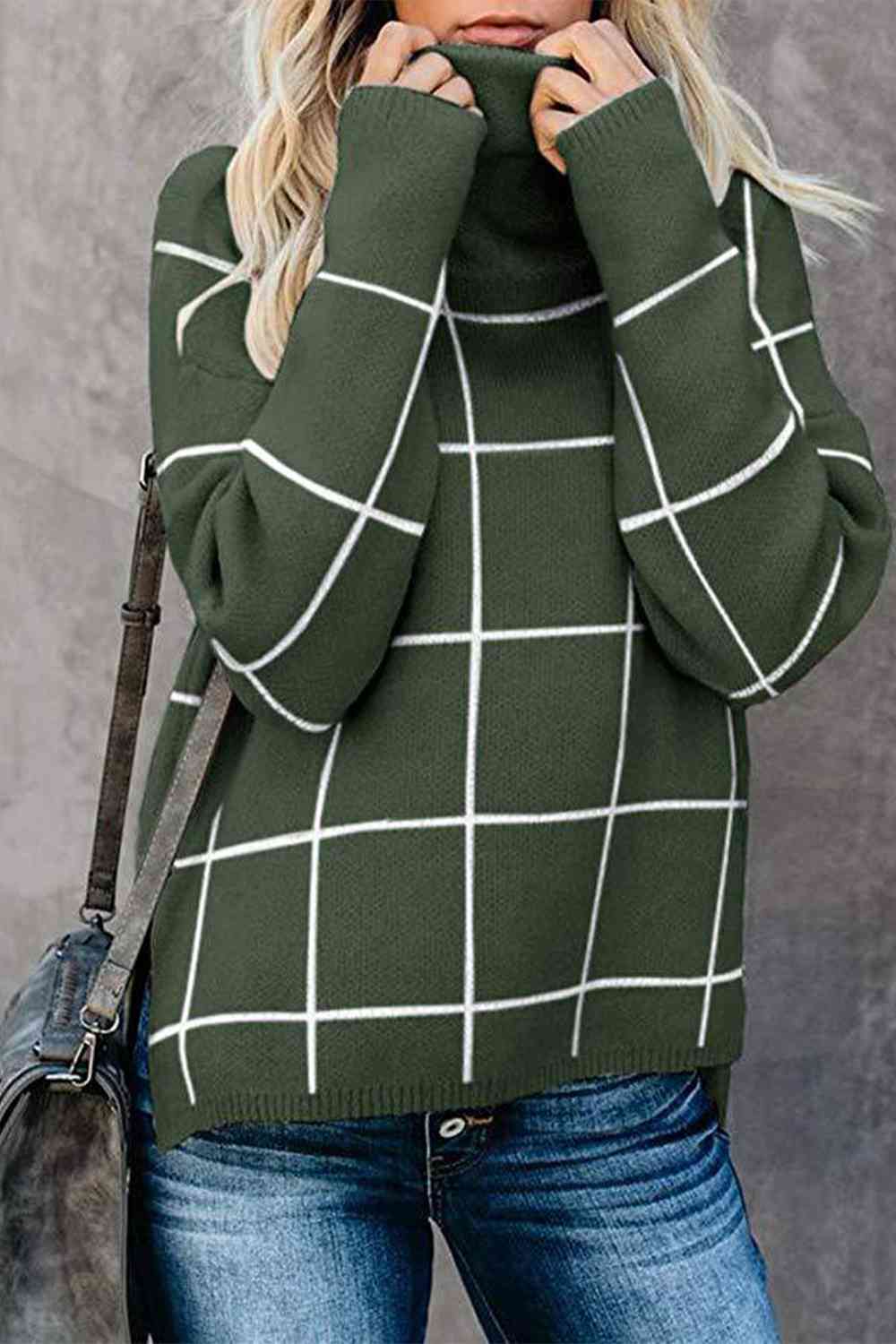 Plaid Turtleneck Drop Shoulder Sweater - Premium  from Trendsi - Just $42! Shop now at ZLA