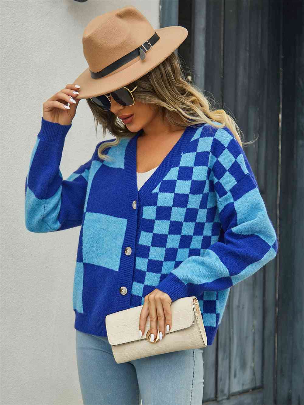 Plaid V-Neck Dropped Shoulder Cardigan - Premium  from Trendsi - Just $39! Shop now at ZLA