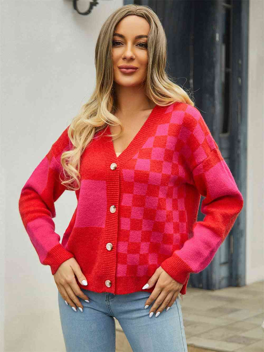 Plaid V-Neck Dropped Shoulder Cardigan - Premium  from Trendsi - Just $39! Shop now at ZLA