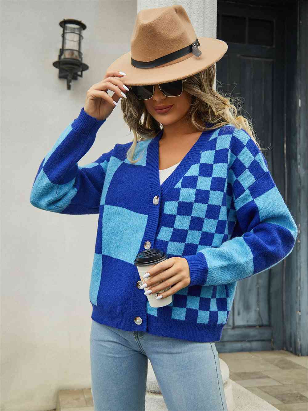 Plaid V-Neck Dropped Shoulder Cardigan - Premium  from Trendsi - Just $39! Shop now at ZLA