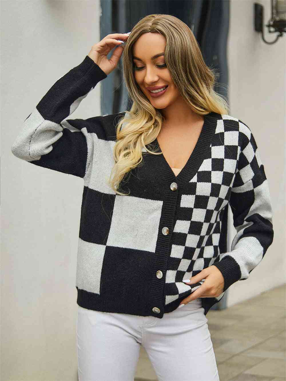 Plaid V-Neck Dropped Shoulder Cardigan - Premium  from Trendsi - Just $39! Shop now at ZLA