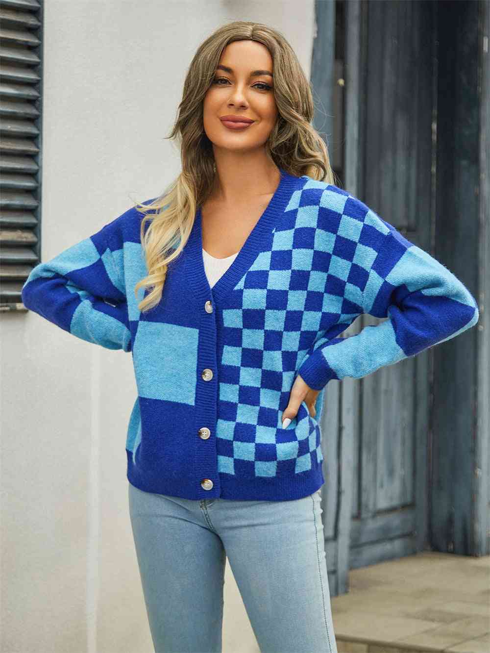 Plaid V-Neck Dropped Shoulder Cardigan - Premium  from Trendsi - Just $39! Shop now at ZLA