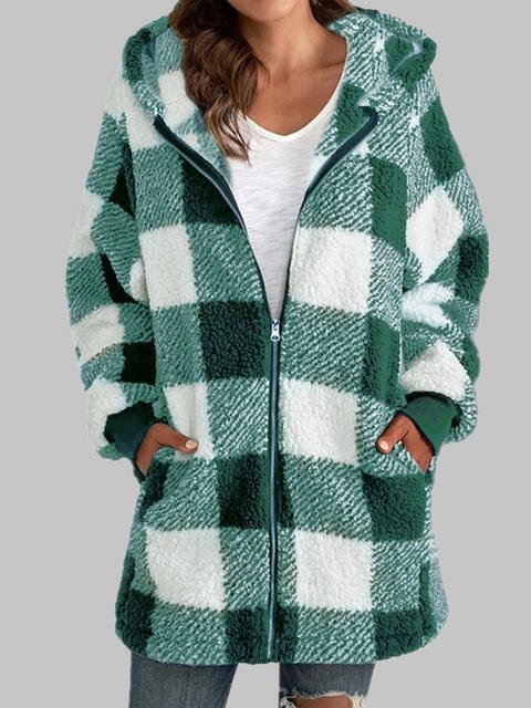 Plaid Zip-Up Hooded Jacket with Pockets - Premium  from Trendsi - Just $29! Shop now at ZLA