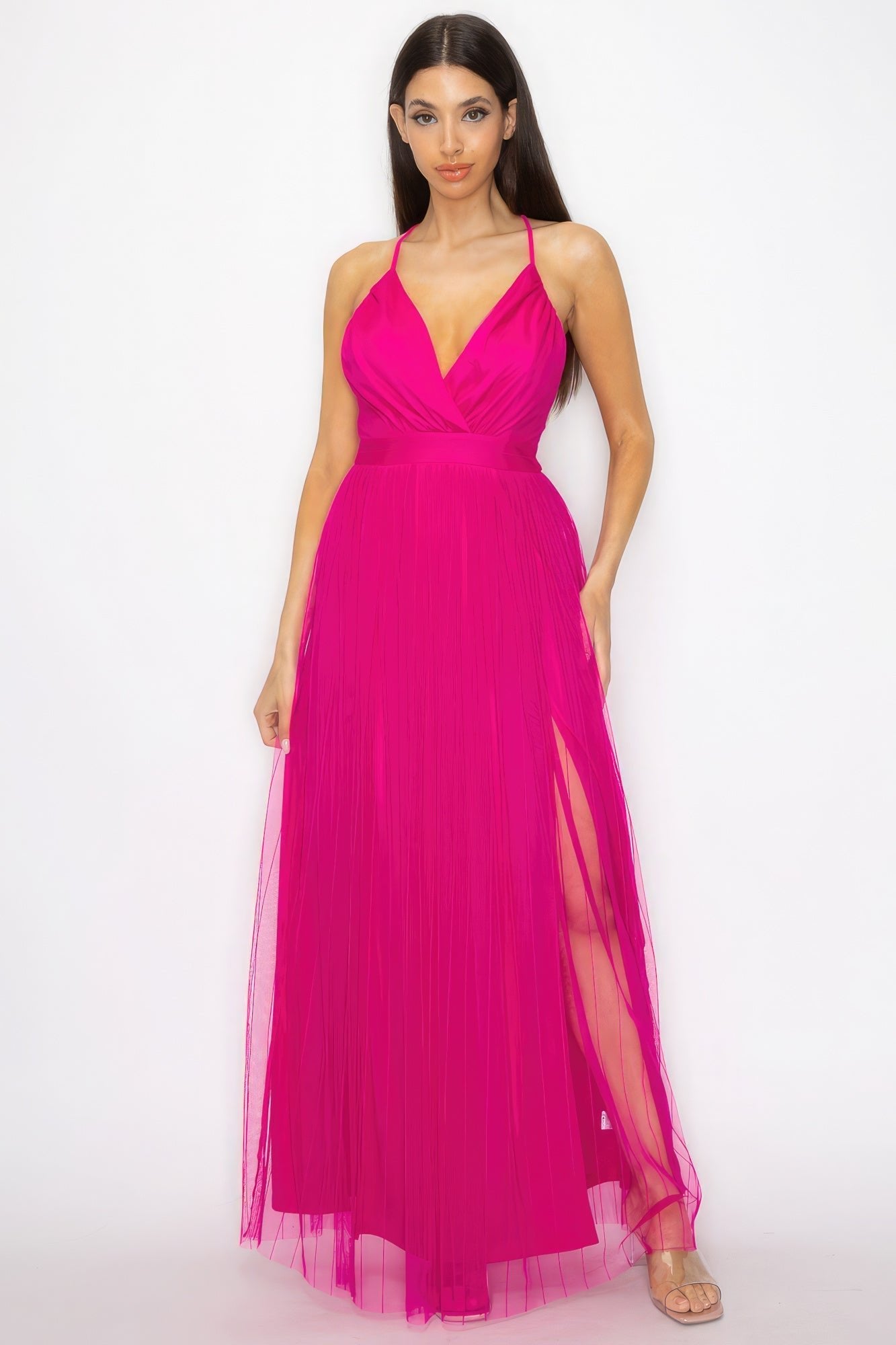 Pleated Mesh Slit Maxi Dress - Premium  from ZLA - Just $21.50! Shop now at ZLA