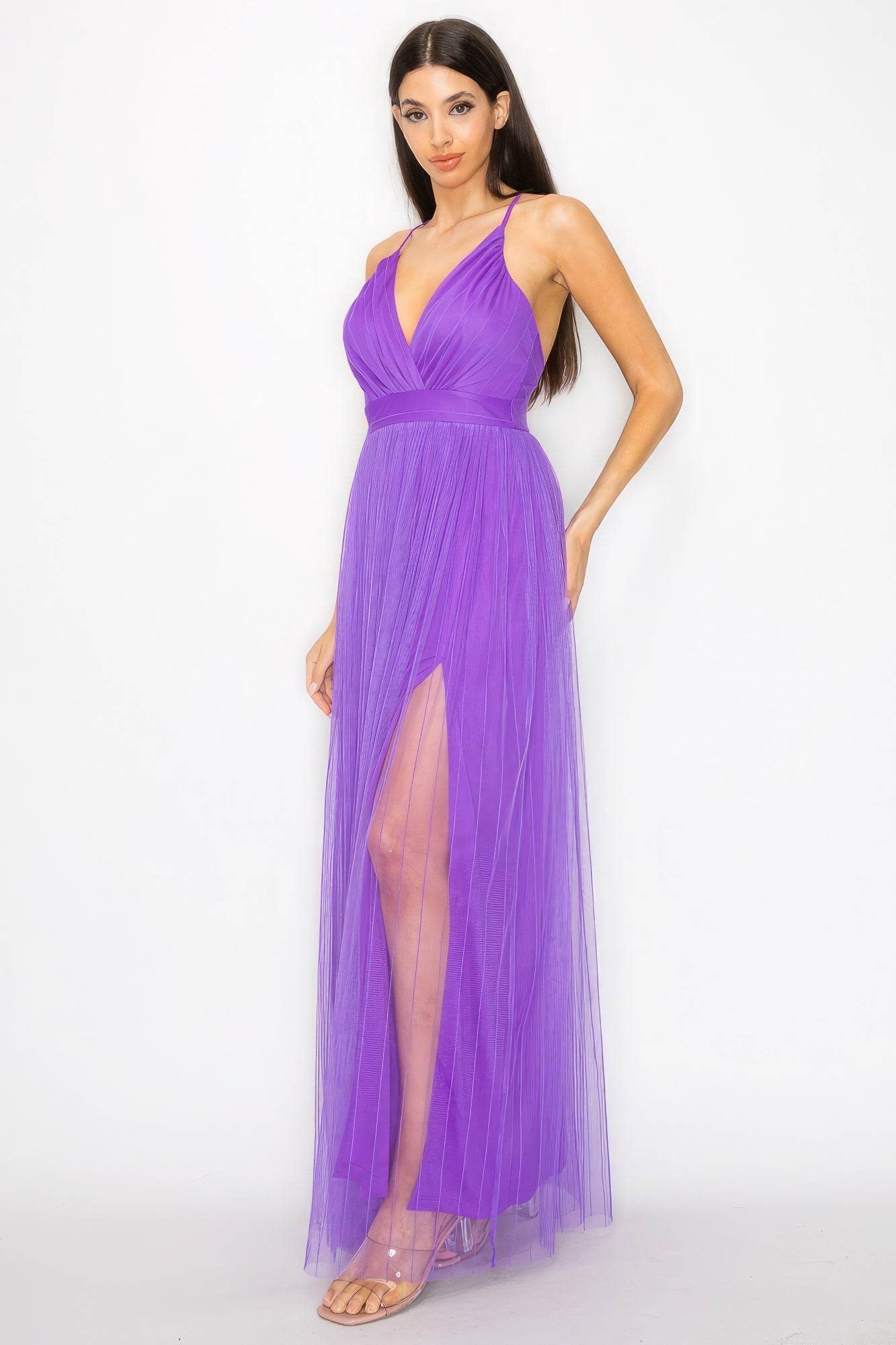 Pleated Mesh Slit Maxi Dress - Premium  from ZLA - Just $21.50! Shop now at ZLA