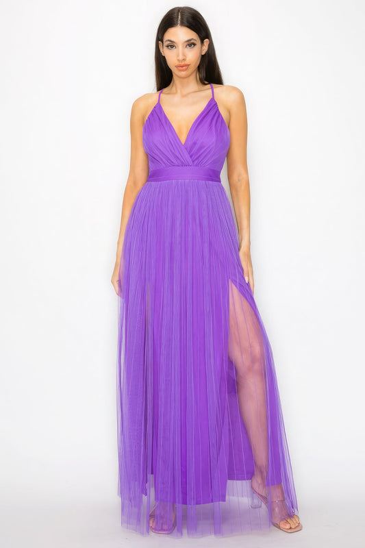 Pleated Mesh Slit Maxi Dress - Premium  from ZLA - Just $21.50! Shop now at ZLA