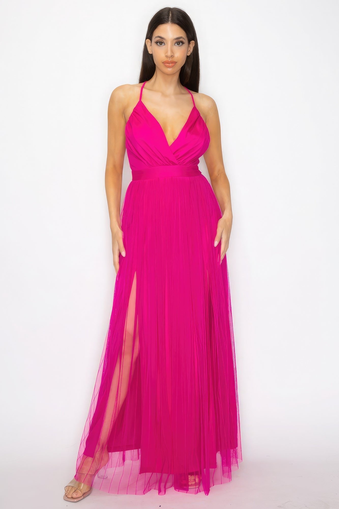 Pleated Mesh Slit Maxi Dress - Premium  from ZLA - Just $21.50! Shop now at ZLA