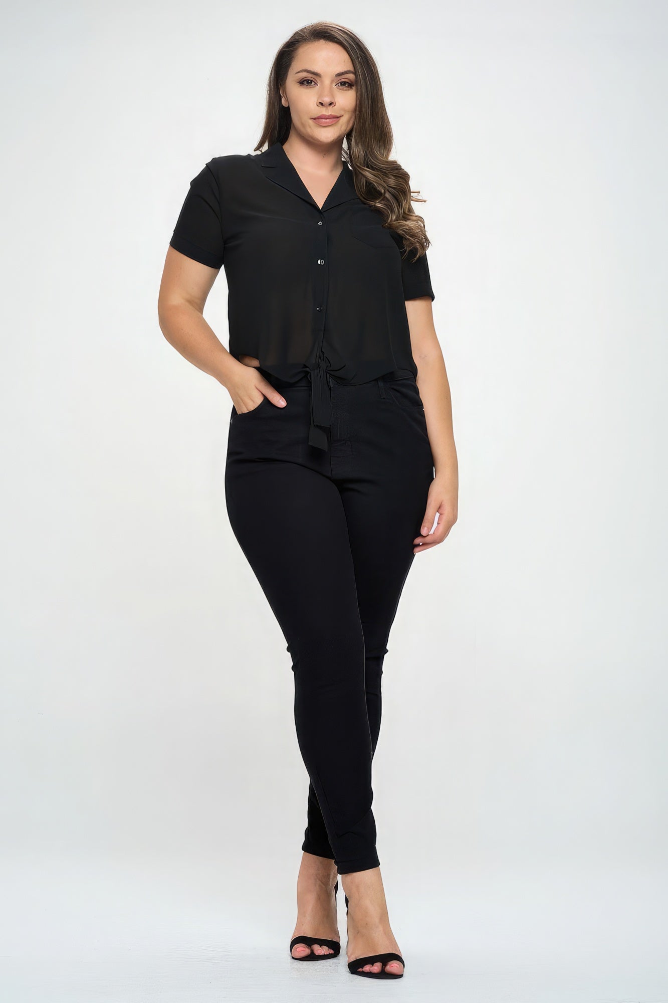 Plus Solid Chiffon Button Down Tie Front Short Sleeve Top - Premium  from ZLA - Just $34.50! Shop now at ZLA