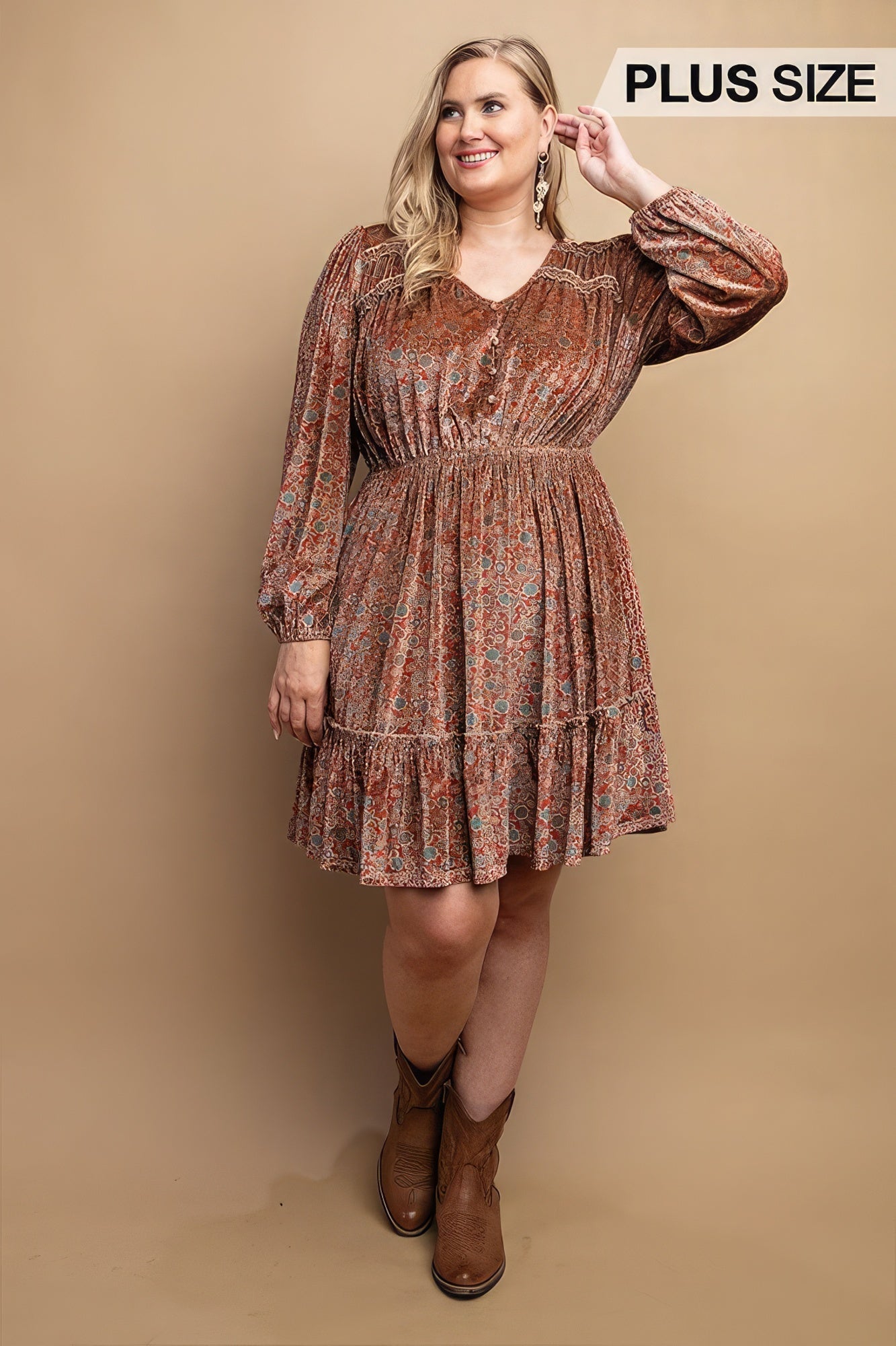 Printed Velvet V-neck Dress With Button Front Detail - Premium  from ZLA - Just $59.50! Shop now at ZLA