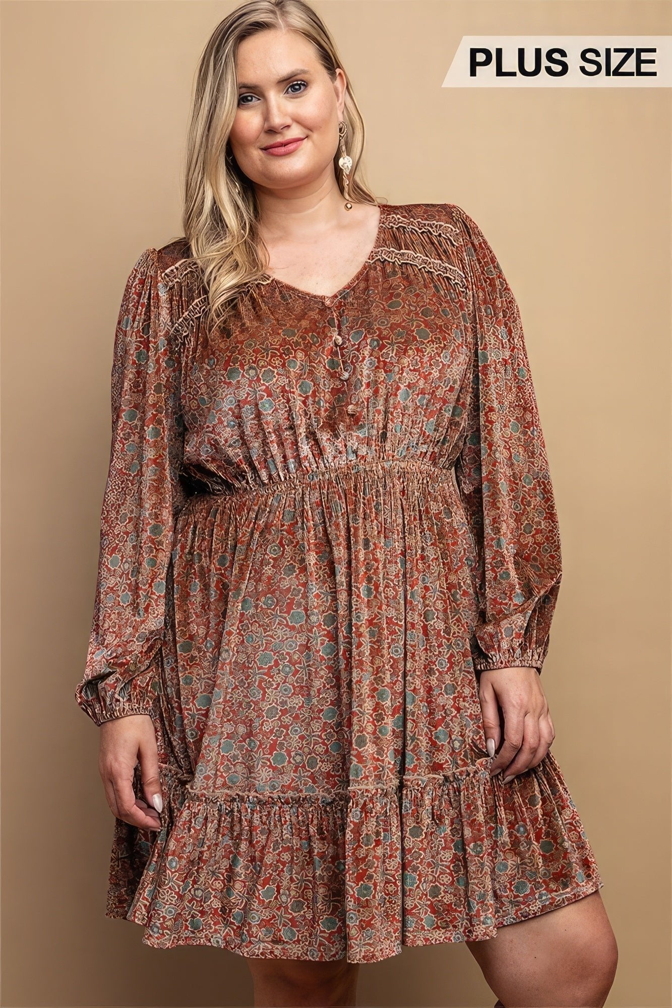 Printed Velvet V-neck Dress With Button Front Detail - Premium  from ZLA - Just $59.50! Shop now at ZLA
